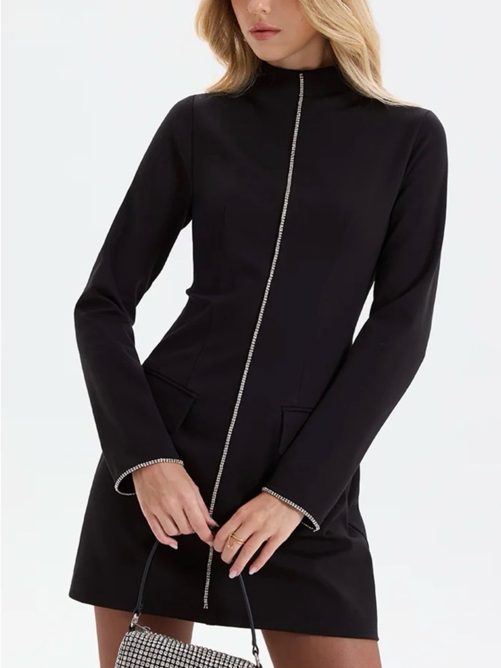 Commense Black Long-Sleeve Mini Dress with Center Rhinestone Zip